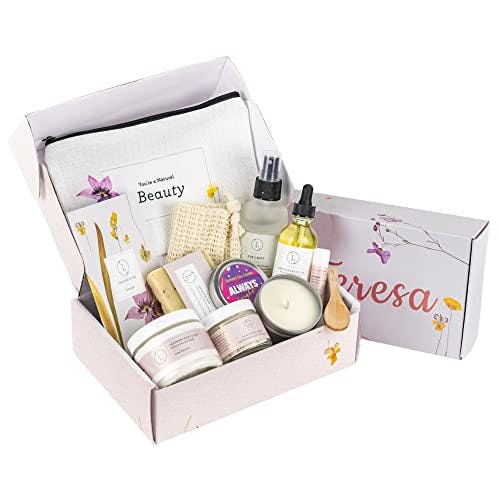 Personalized Spa Gift Set, Lavender Gift Basket, Relaxing Care Package for Women by Lizush, Including 9 pc, With Name on the Lid, Choose Greeting Card (Lizush Card)