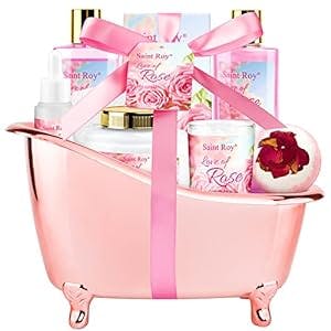 Bath Set for Women, Luxury Home Spa Kit Rose Bath Gift Basket 9Pcs, Includes Shower Gel, Body & Hand Lotion, Bath Salts, Bath Bomb, Spa Candle, Relax Bath Puff and More, Christmas Gift for Her
