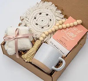 Happy Hygge Gifts Handmade Birthday Gift Basket for Women with Ceramic Speckled Mug, Premium Fuzzy Socks, Wooden Beads, Cup of Love Tea, and Crochet Cotton Coaster | Friendship Care Package, Mom Gift Idea, Hygge Gift Box, Best Friend Gift for Her