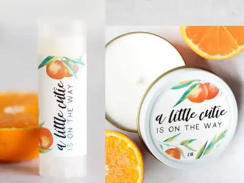 A Little Cutie is on the way - Baby shower announcement party favors clementine orange theme lip balm candle gift bag