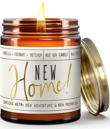 House Warming Gifts New Home, Perfect Housewarming Gifts for New House - 'New Home' Soy Candle, w/Vanilla, Coconut & Vetiver I New Home Gifts for Home I 9oz Jar, 50Hr Burn, Made in USA
