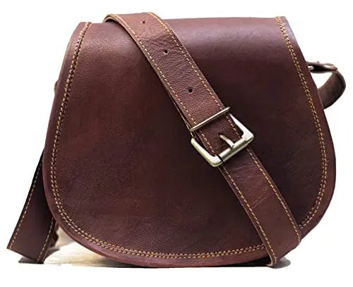 PASCADO Brown Vintage leather crossbody Purse satchel small cute crossover round bags for women sling shoulder bag