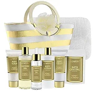 Mothers Day Home Spa Kit Gift Set, Honey Almond Bath Sets - Shower Gel, Body Lotion, Body Scrub, Hand Cream, Bath Pillow & More in a Gift-Ready Tote Bag, Luxury Bath & Shower Package for Women & Men