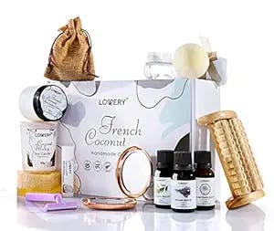 Mothers Day Bath Gift Set, 20pc French Coconut Aromatherapy Spa Gift Basket for Women & Men Self Care Package Spa Kit, Handmade Gift Box, Body Oils, Organic Lip Balm, Bath Bomb, Spa Gifts for Birthday