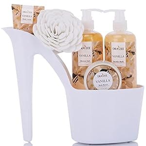 Luxurious Spa Gift Basket - Vanilla Scented Heel Shoe Bath Essentials Gift Set w/ Shower Gel, Bubble Bath, Body Butter, Body Lotion, Soft EVA Bath Puff Mother's Day Gifts For Women By Draizee