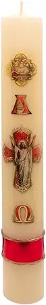 Paschal Lamb Candle | Baptismal Easter Candle with Risen Christ | Alpha and Omega Symbols | Made of Beeswax | Catholic Christian Sacramental | Great Religious Gift for Baptism (9.5" x 1.5")