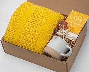 Happy Hygge Gifts Sending Sunshine and Hugs Care Package with Cozy Blanket, Ceramic Mug, Tea, and Gourmet Honey Lollipop | Care Package for Her and Him, Get Well Soon, Encouragement Gift for Mom, Dad, Spouse, Friend or Anyone