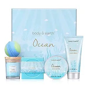 Gifts for Women, Bath Set with Ocean Scented Spa Gifts for Her,Includes Scented Candle, Body Butter, Hand Cream, Bath Bar and Bomb,5 Pcs Bath Set, Gifts Set for Women,Gifts for Mom,Mother's Day Gifts,