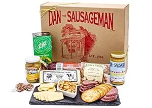 Dan the Sausageman’s Party Gift Basket Assortment Fresh Naturally Smoked Summer Sausage, Mustard and Cheese. Fullsize Portions, Gift Messaging.
