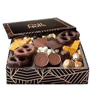 Chocolate Candy Gift Basket | Gourmet Snack Food Square Tin Box | Toffee Brittle, Covered Pretzels Chocolates | Great for Birthday, Anniversary, Corporate, Men & Women - Oh! Nuts