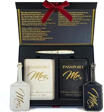 "Travel in Style with DELUXY Mr and Mrs Luggage Tags & Passport Holder Set: