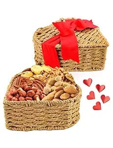 Mothers Day Gifts Heart Shaped Gift Basket, Premium Assorted Nuts, Roasted Hazelnuts, Raw Hazelnuts, Peacn, Almonds, Walnuts, Brazil Nuts, with Unique Heart Shaped Basket Romantic Arrangement