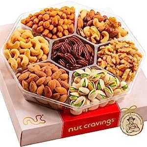 Mothers Day Mixed Nuts Gift Basket in Red Gold Box (7 Assortments) Gourmet Food Bouquet Arrangement Platter, Birthday Care Package, Healthy Kosher Snack Tray, Mom Women Wife Men Adults