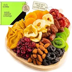 Mothers Day Dried Fruit & Mixed Nuts Gift Basket in Reusable Wooden Pear Tray + Ribbon (9 Assortments) Gourmet Food Bouquet Platter, Birthday Care Package, Healthy Kosher Snack Box, Mom Women Wife Men