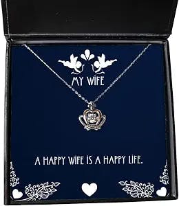 Wife Gifts for Wife, A Happy Wife is a Happy Life, Cute Wife Crown Pendant Necklace, Jewelry from Husband, Presents, Gift Giving, Christmas, Stocking Stuffers, Secret Santa