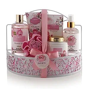 Mothers Day Gifts Home Spa Gift Basket - Wild Rose & Raspberry Leaf Scent - 7pc Bath & Body Set for Men and Women - Shower Gel, Body Lotion, Body Scrub, Bath Salt, Body Mist, Bath Puff & Shower Caddy