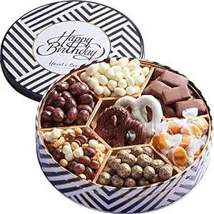 Hazel & Creme Birthday Tin Gift Box - HAPPY BIRTHDAY Gift Basket - Gourmet Chocolate Gift Box for Women / Men