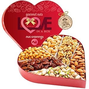 Mothers Day Gourmet Nuts Gift Basket, Love in A Box Heart Shaped Romantic Arrangement (6 Assortments) Gourmet Food Bouquet Platter, Birthday Care Package, Healthy Kosher Snack Tray, Mom Women Wife Men