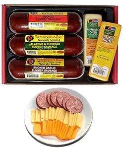 Wisconsin's Best & Wisconsin Cheese Company - Premium Sampler Gift Basket. 100% Wisconsin Cheddar Cheese, Pepper Jack Cheese, Original, Garlic & Jalapeno Cheddar Summer Sausage. Give a Gift They will Love & Enjoy! Perfect for Birthday Gift Baskets, Thank You Gift Boxes, Business Gifts & Entertaining!