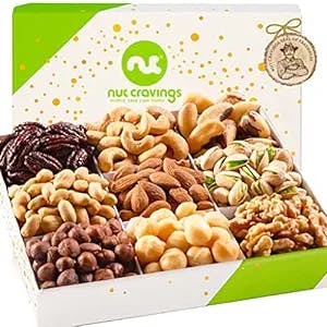 Mothers Day Dried Fruit & Mixed Nuts Gift Basket in White Gold Box (9 Assortments) Gourmet Food Bouquet Arrangement Platter, Birthday Care Package, Healthy Kosher Snack Tray, Mom Women Wife Men Adults