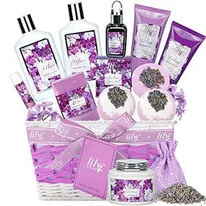 Spa Gifts for Women, Home Spa Kit, Spa Gift Basket Set Bath Gift Set for Women with Lilac Scents. 15Pcs Bath Gift Basket Set Bath Kit Include Body Scrub, Jojoba Oil, Bath Salt, Shower Steamer, Bath Bomb Basket. Christmas Birthday, Mothers Day Bath and Body Set for Women Mom Girlfriend