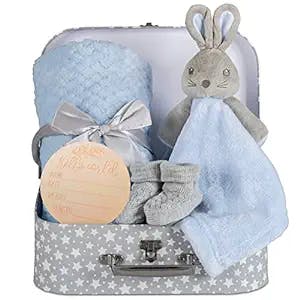 Baby Boy Gift Set New Born Baby Gifts Baby Blue Bunny Security Blanket Soft Fleece, Suitcase Keepsake Box Blanket Booties & Baby Gift Basket – Unique Present for Baby Shower & Newborn Lovey Welcome