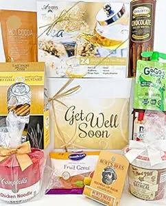 Gourmet Get Well Gift Box Basket - For Cold Flu Illness Surgery Injury Virus- Over 3.5 Pounds of Care, Concern, and Love - Prime Care Package for Men and Women - Send a Smile Today!