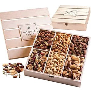Nut Gift Basket, in Reusable Wooden Crate, Healthy Gift Option, Gourmet Snack Food Box, with Unique Flavors, Great for Mother's Day, Feel Better, Sympathy & Birthday- Bonnie & Pop