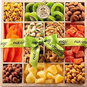 Mothers Day Dried Fruit & Mixed Nuts Gift Basket in Reusable Wooden Tray + Ribbon (12 Assortments) Gourmet Food Bouquet Arrangement Platter, Birthday Care Package, Healthy Kosher Snack Mom Women Wife