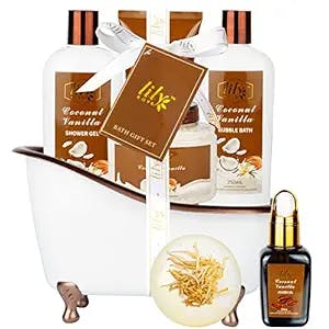 Spa Gift Baskets for Women, Coconut Vanilla Bath and Body Gift Set for Women with Essential Oil with Shower Gel, Bubble Bath, Body Lotion, Bath Bomb, Jojoba Oil, Birthday & Christmas Bubble Gifts for Women Mom Girlfriend.