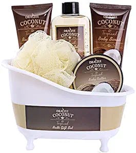 Draizee Luxurious Coconut Home Gift Spa Basket, Luxury 5 piece Relaxation Set for Mom, New Mother with Bathtub Holder - #1 Best Mother's Day Gift Includes Body Scrub, Body Lotion, Shower Gel and More