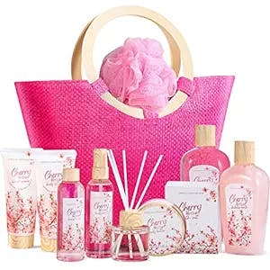 Green Canyon Spa Gift Basket for Women, 11pcs Cherry Blossom Spa Kits Relaxing Gift Bags Sets with Shower Gel, Body Lotion, Reed Diffuser, Holiday Gifts for Birthday Anniversary Mothers Day