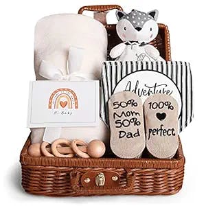 Baby Shower Gifts, New Born Baby Gifts for Girls Boys, Unique Baby Gifts Basket Essential Stuff - Baby Lovey Blanket Newborn Bibs Socks Wooden Rattle & Greeting Card, Newborn Baby Gift Set