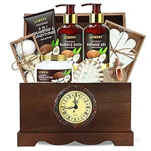 Mothers Day Mens Gift, Bath Set in a Vintage Style Wooden Clock Box, 13Pc Premium Coconut Spa Kit for Men & Women, Body Lotion, Handmade Soap, Bath Bomb, Coconut Shampoo & Conditioner, Massager & More