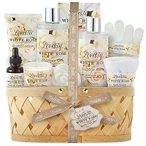Bath & Body Spa Gift Basket for Women, Best Gift for Christmas, Mother’s Day & Birthday, White Rose Set Includes Body Lotion, Shower Gel, Bubble Bath, Bath Salt, Towel, Soap, Oil, Candle, Gloves,