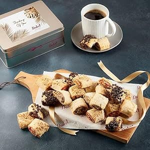 Dulcet Gift Baskets, Thinking of You Fresh Baked Bakery Rugelach fillings of Chocolate chip, Raspberry, Cinnamon and Apricot Gift Tin Assortment, Top Deesert Tin for Men and Women.