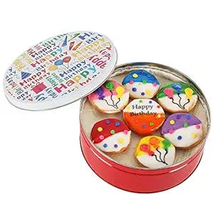 Happy Birthday Cookie Gift basket Tin filled with 21 individually hand decorated assorted colored black and whites. 7 bright colors Great Birthday Gift for HIM HER BOYS GIRLS MEN WOMEN PRIME DELIVERY