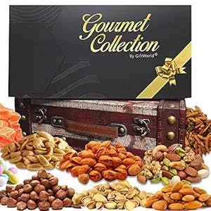 GiftWorld Nuts Gift Basket, Premium Gourmet Wooden Treasure Chest, Assorted Nuts, Dried Fruits, Mixes and Snacks Food Gift Basket for Birthdays, Anniversary, Sympathy and Mothers Day Gifts