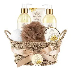Bath & Shower Spa Basket Gift Set, Warm Vanilla Sugar Scent, with Shower Gel, Bubble Bath,Body Lotion, Bath Bomb,Bath Salt, Bath and Body Gift Box for Women