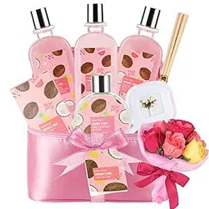 Spa Gift Baskets for Women Coconut, Teen Bath Kit 8Pcs Birthday BEAUTIFUL business GIFT Include Bubble Bath, Reed Diffuser Oil, Rose Soap Flower Gifts for Her