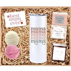 New Mom Gift Set - Mama Mama Tumbler - Best Mommy Spa Bath Set - Best Gift Idea First Time Mama and Expecting Mother to Be - Baby Shower Basket w/ Bath Bomb, Soap, & Candle