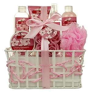 Mothers Day Gifts Spa Bath and Body - Spa Gift Baskets for Women & Girls, Cherry Fragrance, Spa Birthday Gift Includes Loofah Sponge, Bath Salt, Body Lotion, Soap Rose, Body Mist, Shower Gel Bubble Bath