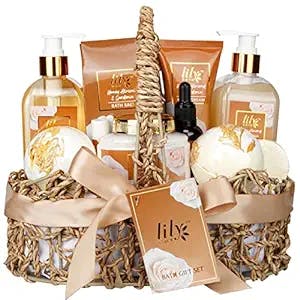 Spa Gift Baskets for Women, 12pcs Honey Almond & Gardenia Spa Kit with Shower Gel, Bubble Bath, Bath Bombs, Body Scrub. Home Spa Gift Set with Shea Butter & Vitamin E. Sulfate Free Gifts for Her