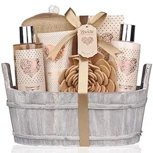 Spa Gift Basket – Bath and Body Set with Vanilla Fragrance by Lovestee - Bath Gift Basket Includes Shower Gel, Body Lotion, Hand Lotion, Bath Salt, Eva Sponge and a Bath Puff