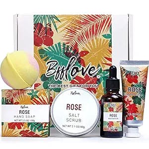Spa Gifts for Women, Gift Set for Her Bath Gift Box, 5pc Rose Bath Sets Include Massage Oil, Bath Bomb, Salt Scrub, Soap, Hand Cream. Birthday Spa Gift Basket, BFFLOVE Mothers Day Gifts for Her