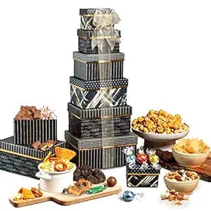 Broadway Basketeers Gourmet Food Gift Basket 6 Box Tower for Birthdays – Curated Snack Box, Sweet and Savory Treats for Parties, Best Wishes, Birthday Presents for Women, Men, Mom, Dad, Her, Him, Families