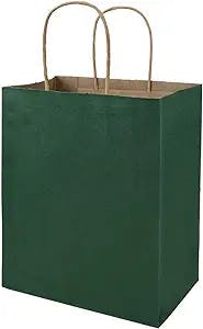 bagmad 100 Pack 8x4.75x10 inch Medium Green Gift Paper Bags with Handles Bulk, Kraft Bags, Craft Grocery Shopping Retail Party Favors Wedding Bags Sacks (Dark Green, 100pcs)