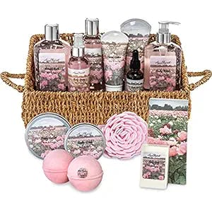 Bath Spa Gift Sets - Luxury Basket With Rose Oil & Peony - Spa Kit Includes Wash, Bubble Bath, Lotion, Bath Salts, Body Scrub, Body Spray, Shower Puff, Bathbombs, Soap and Towel