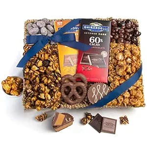 Blue Bow Gourmet Caramel & Chocolate Snack Basket for Mother's Day, Birthday, Thank You