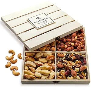 Nut Gift Basket, Healthy Gift Idea in Reusable Wooden Crate, Gourmet Snack Food Box, with Unique Flavors, Thank You, Sympathy, Mothers Day, Birthday, Mom, Dad, Him, Her, Husband, Wife- 4 Sections- Bonnie & Pop